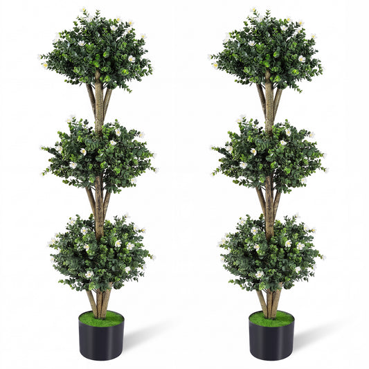 51" Artificial Triple Ball Boxwood Topiary Tree, 59 Blossoms, Set of 2, White Faux Plants White at Gallery Canada