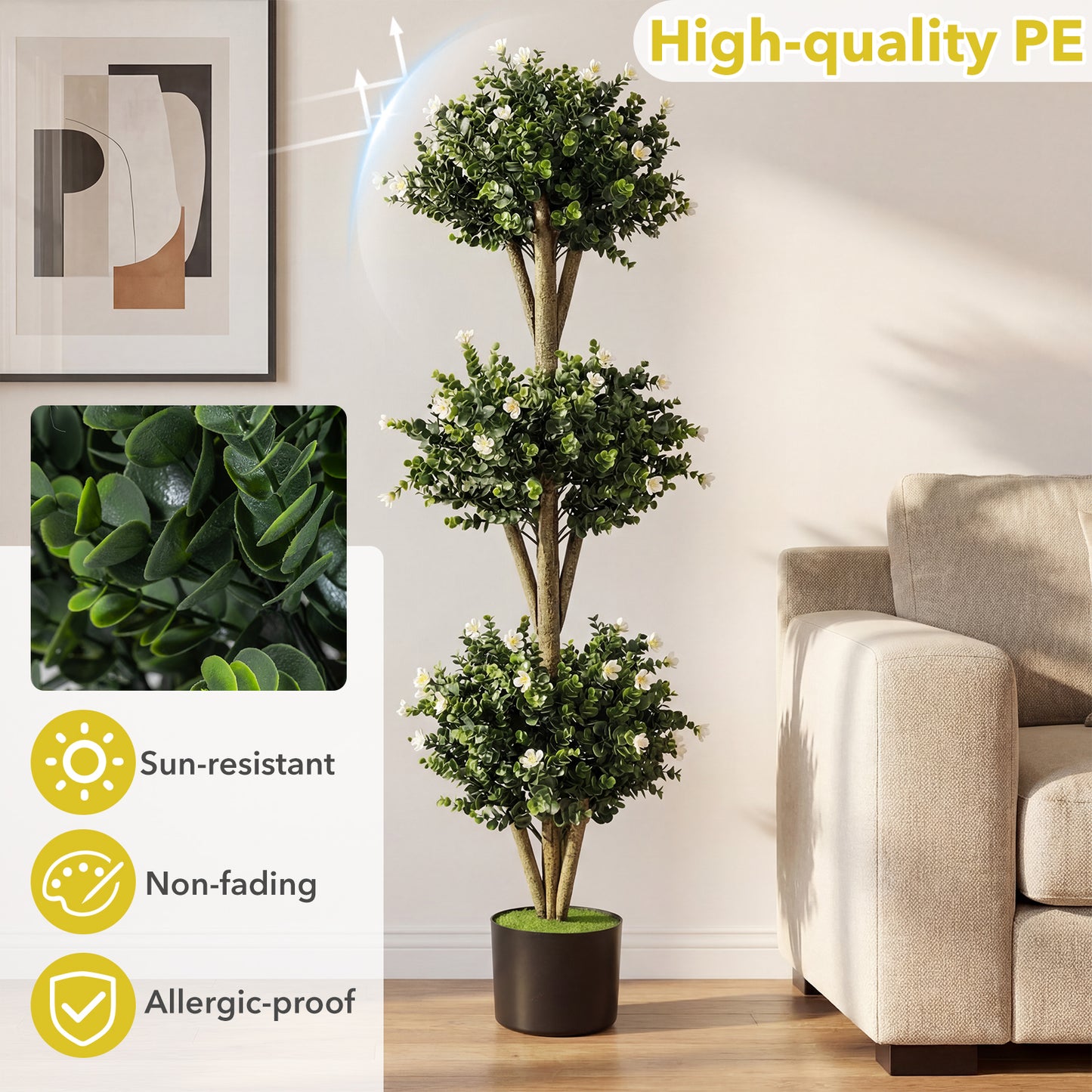 51" Artificial Triple Ball Boxwood Topiary Tree, 59 Blossoms, Set of 2, White Faux Plants at Gallery Canada