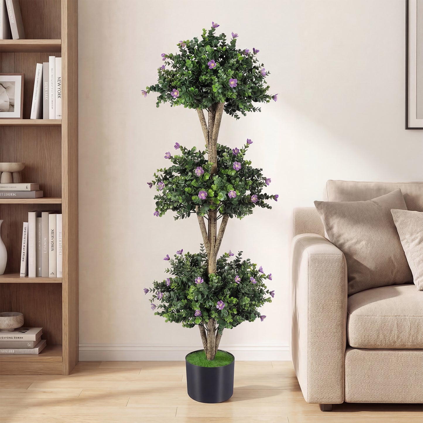 51" Artificial Triple Ball Boxwood Topiary Tree, 59 Blossoms, Purple Faux Plants at Gallery Canada