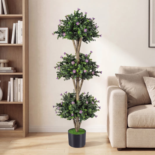 51" Artificial Triple Ball Boxwood Topiary Tree, 59 Blossoms, Purple Faux Plants Purple at Gallery Canada