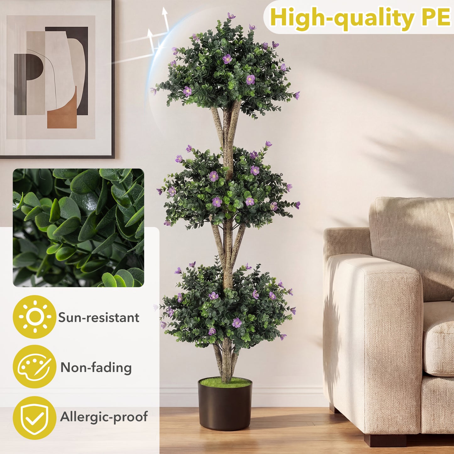 51" Artificial Triple Ball Boxwood Topiary Tree, 59 Blossoms, Purple Faux Plants at Gallery Canada