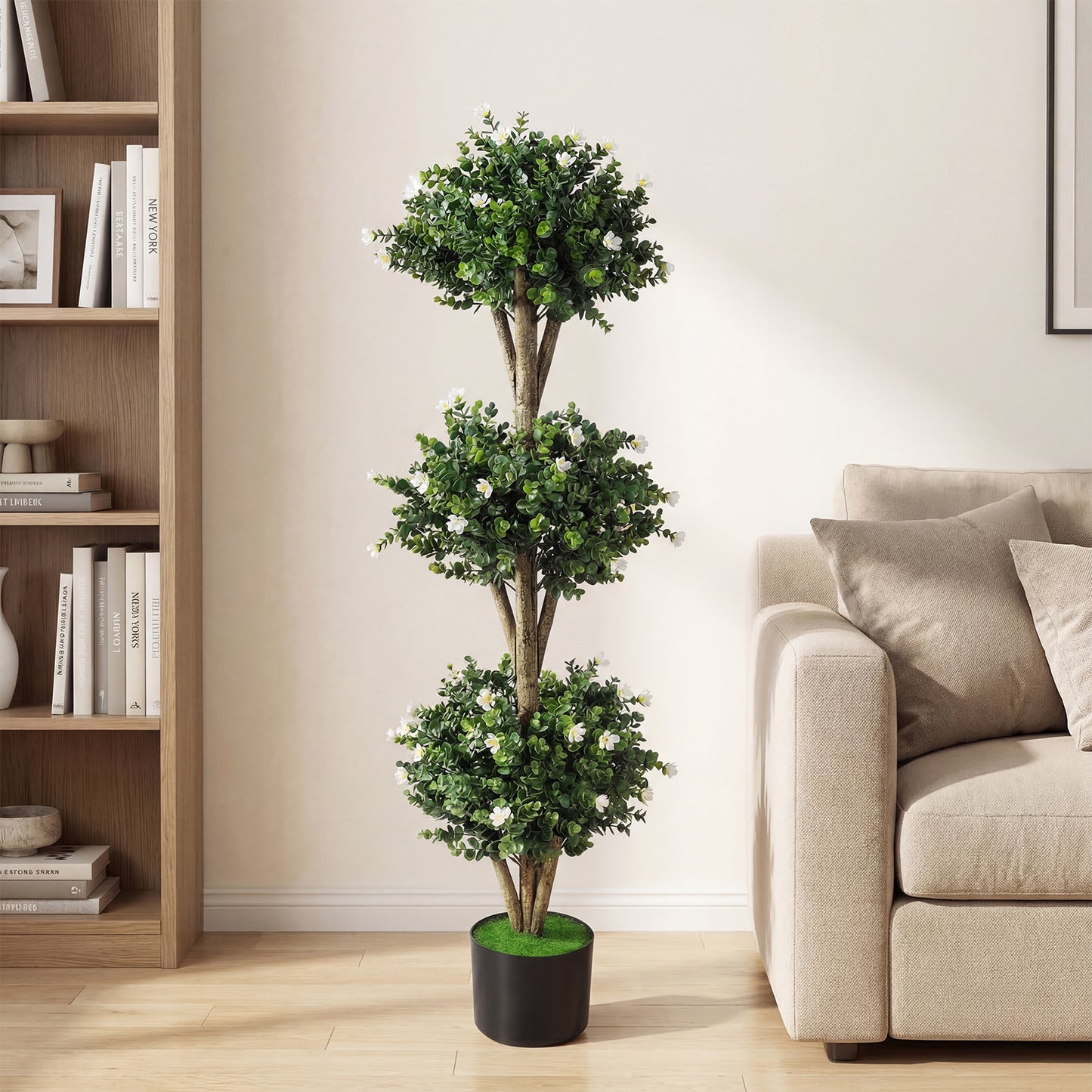51" Artificial Triple Ball Boxwood Topiary Tree, 59 Blossoms, White Faux Plants at Gallery Canada