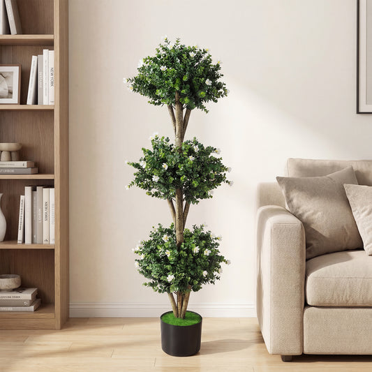 51" Artificial Triple Ball Boxwood Topiary Tree, 59 Blossoms, White Faux Plants White at Gallery Canada