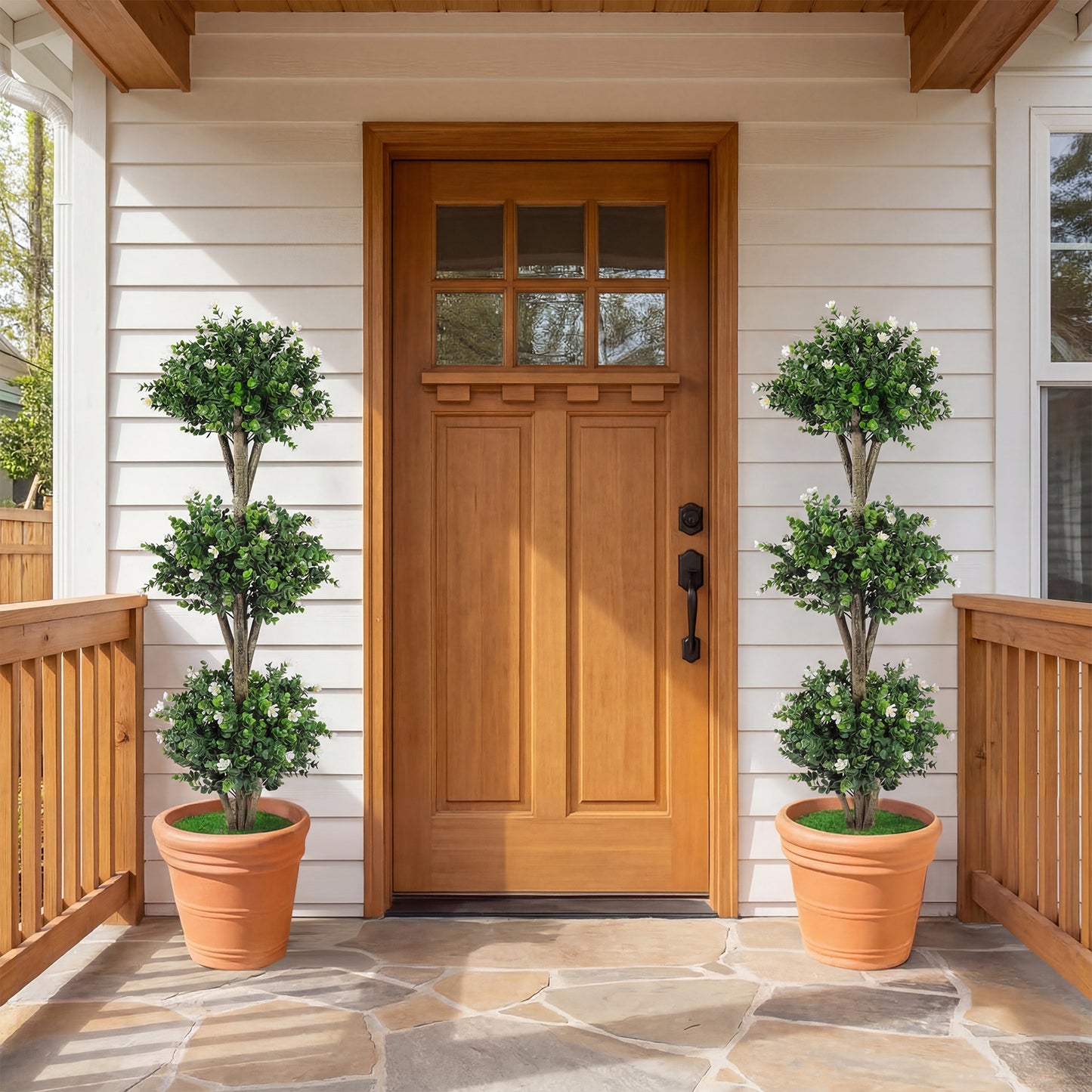 51" Artificial Triple Ball Boxwood Topiary Tree, 59 Blossoms, White Faux Plants at Gallery Canada