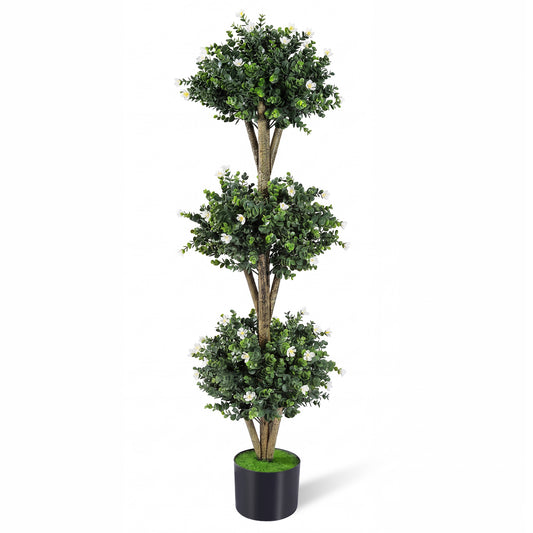 51" Artificial Triple Ball Boxwood Topiary Tree, 59 Blossoms, White Faux Plants White at Gallery Canada
