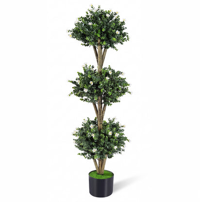 51" Artificial Triple Ball Boxwood Topiary Tree, 59 Blossoms, White Faux Plants at Gallery Canada