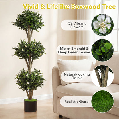 51" Artificial Triple Ball Boxwood Topiary Tree, 59 Blossoms, White Faux Plants at Gallery Canada