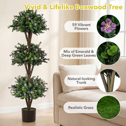 51" Artificial Triple Ball Boxwood Topiary Tree, 59 Blossoms Set Of 2, Purple Faux Plants at Gallery Canada