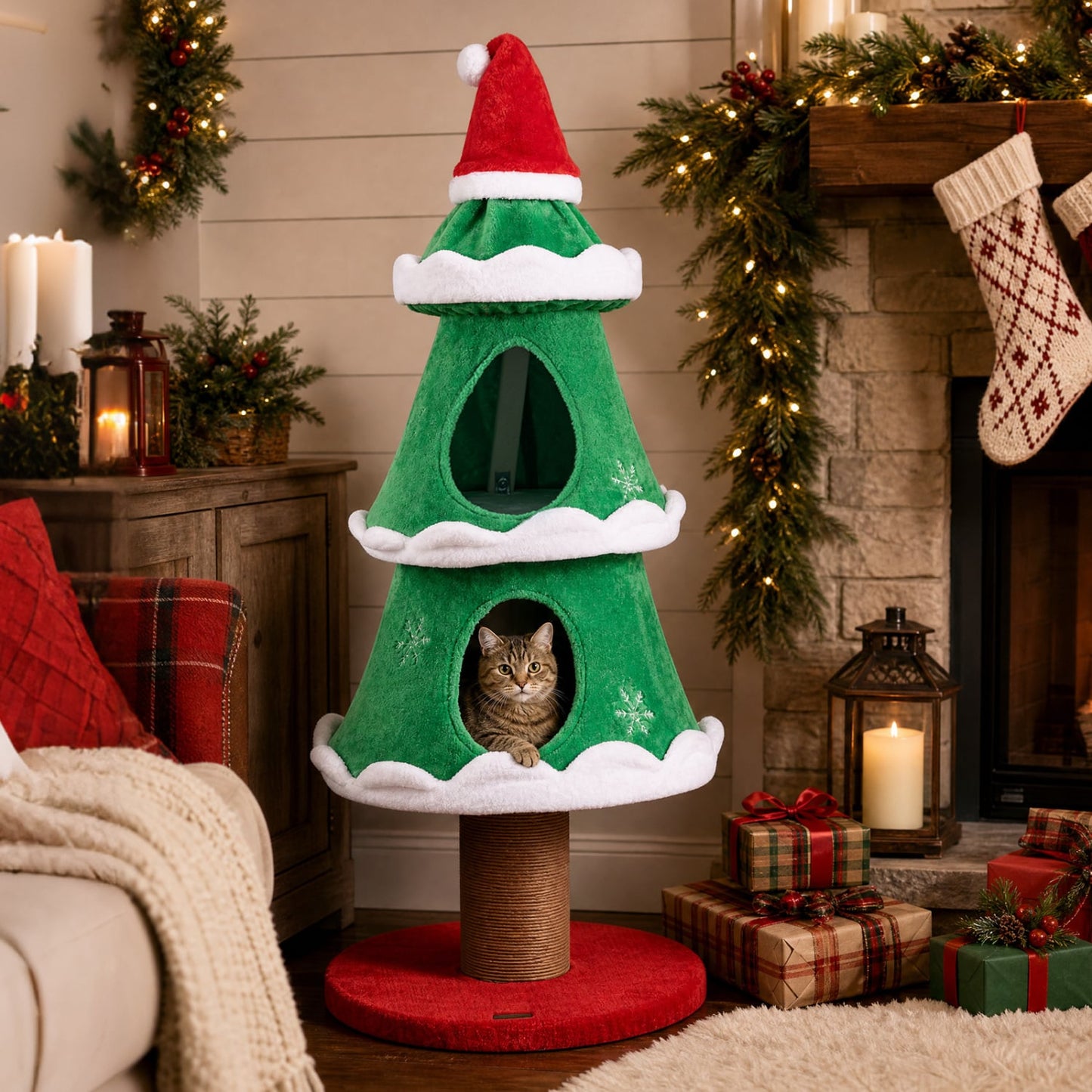 51" Christmas Cat Tree, 2 Cozy Condos, Scratching Post, Green