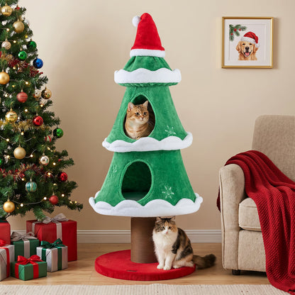 51" Christmas Cat Tree, 2 Cozy Condos, Scratching Post, Green