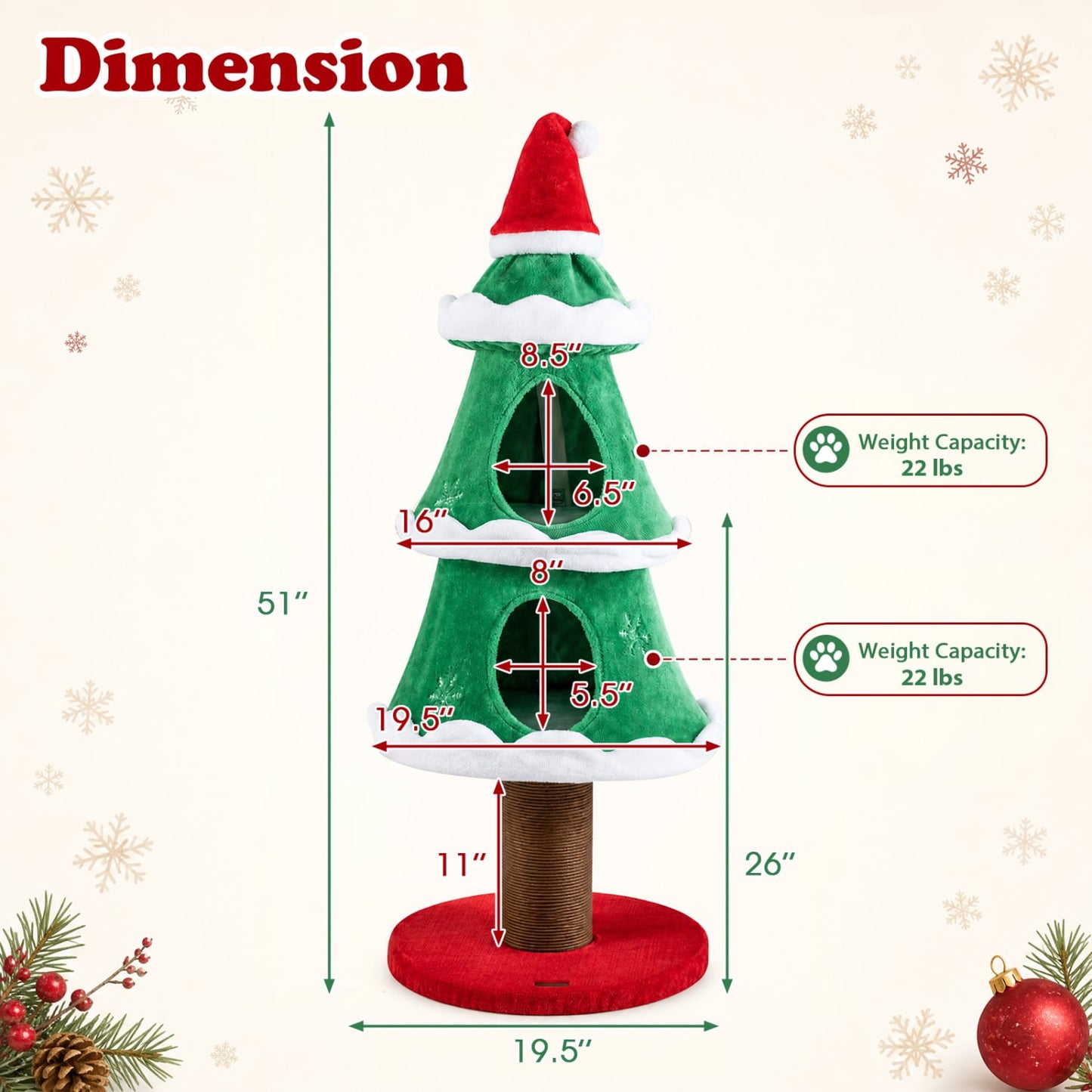 51" Christmas Cat Tree, 2 Cozy Condos, Scratching Post, Green