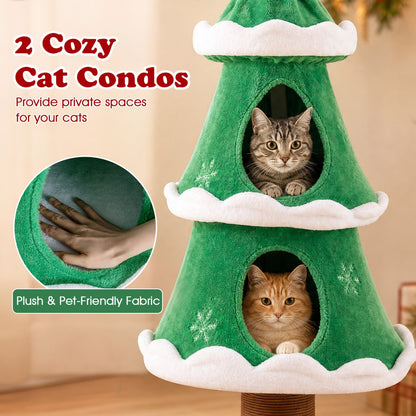 51" Christmas Cat Tree, 2 Cozy Condos, Scratching Post, Green