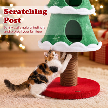 51" Christmas Cat Tree, 2 Cozy Condos, Scratching Post, Green