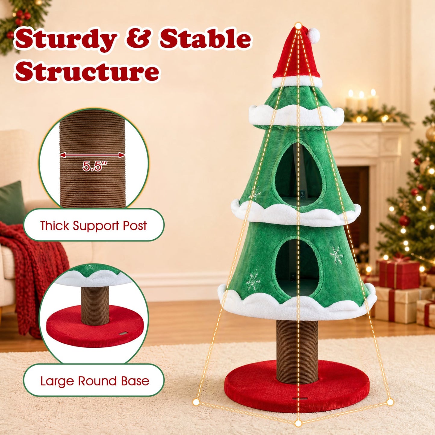 51" Christmas Cat Tree, 2 Cozy Condos, Scratching Post, Green