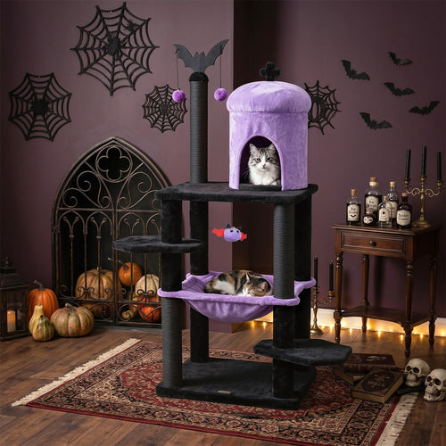 51” Gothic Multi-level Cat Tree with Spider Hanging Toy for Black Halloween, Purple