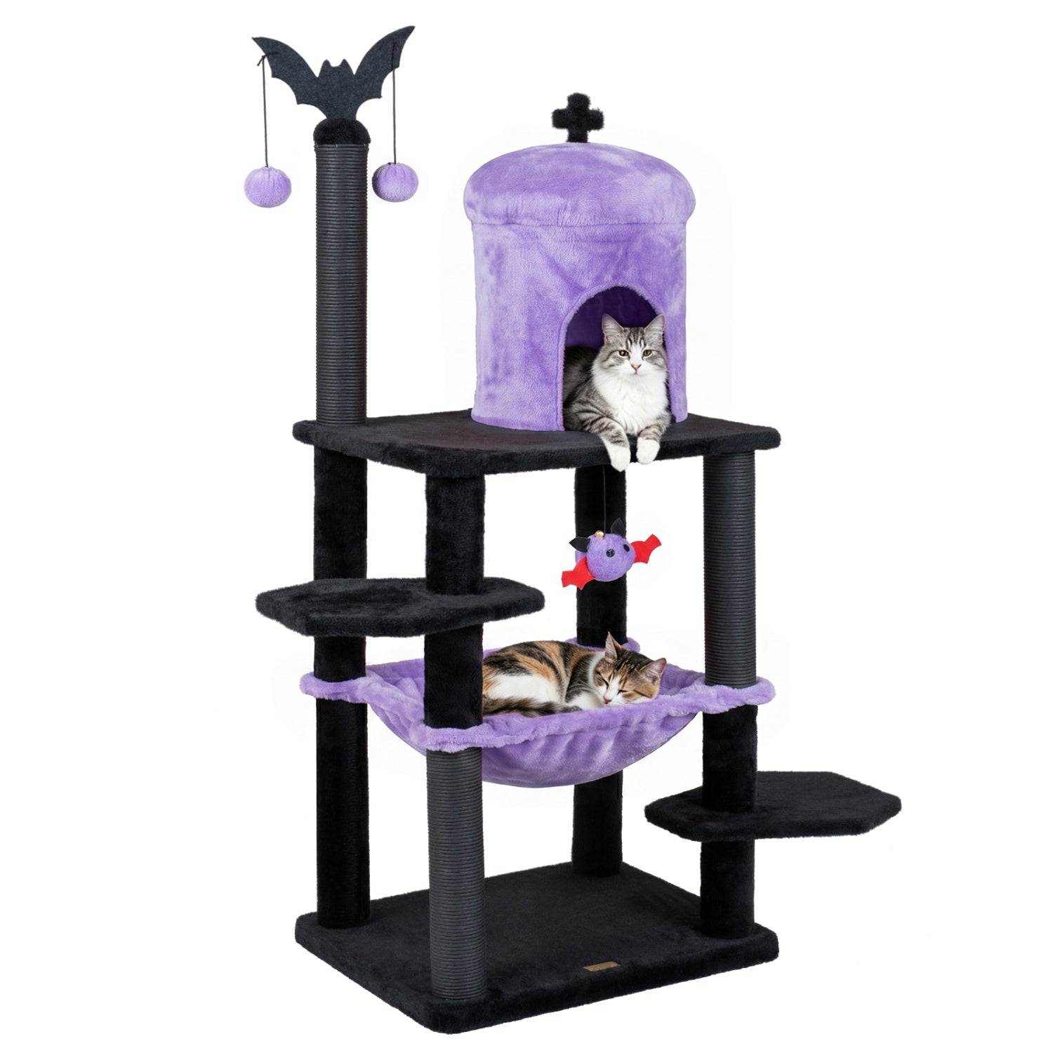 51” Gothic Multi-level Cat Tree with Spider Hanging Toy for Black Halloween, Purple Cat Trees Condos & Scratchers Purple at Gallery Canada