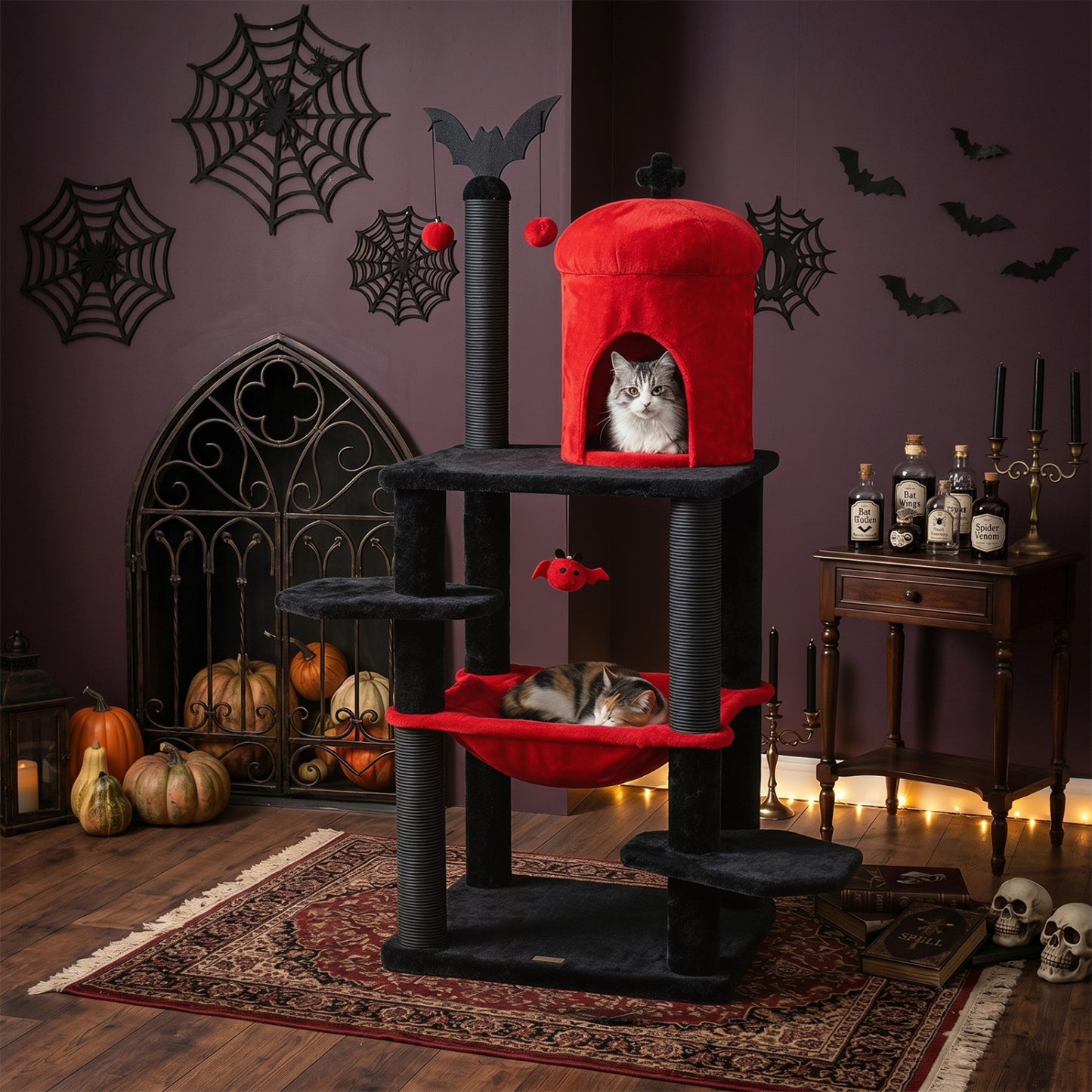 51” Gothic Multi-level Cat Tree with Spider Hanging Toy for Black Halloween, Red Cat Trees Condos & Scratchers at Gallery Canada
