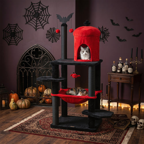 51” Gothic Multi-level Cat Tree with Spider Hanging Toy for Black Halloween, Red