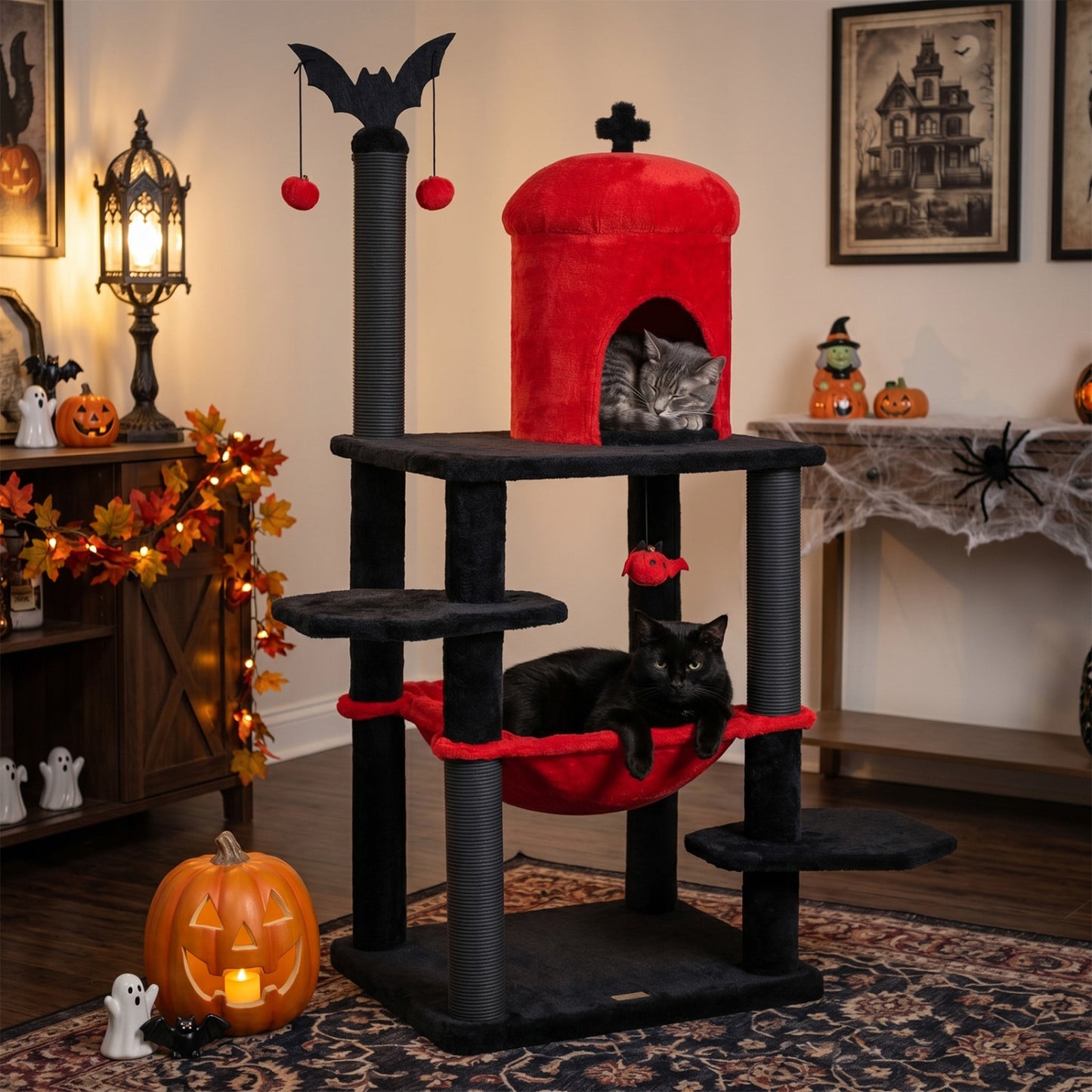 51” Gothic Multi-level Cat Tree with Spider Hanging Toy for Black Halloween, Red Cat Trees Condos & Scratchers at Gallery Canada