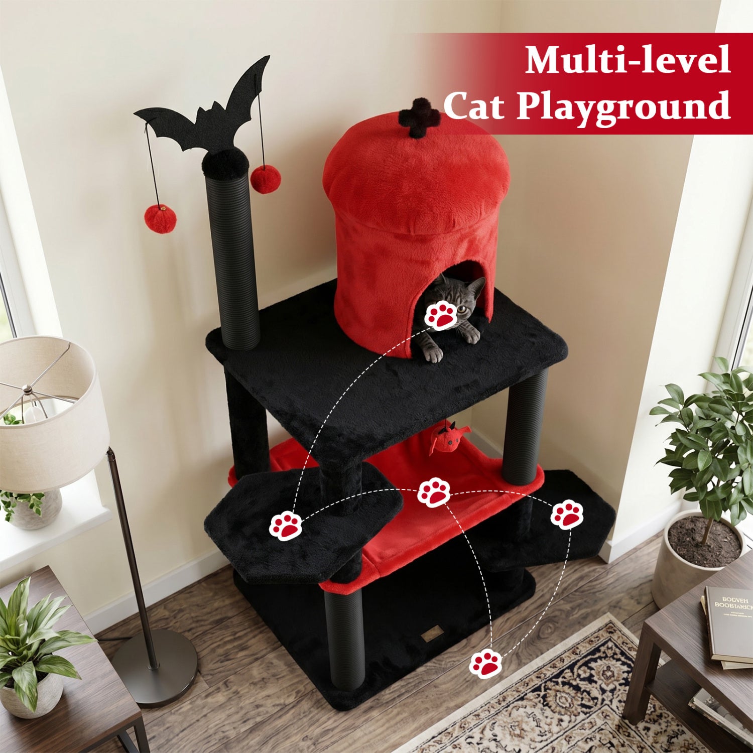 51” Gothic Multi-level Cat Tree with Spider Hanging Toy for Black Halloween, Red Cat Trees Condos & Scratchers at Gallery Canada