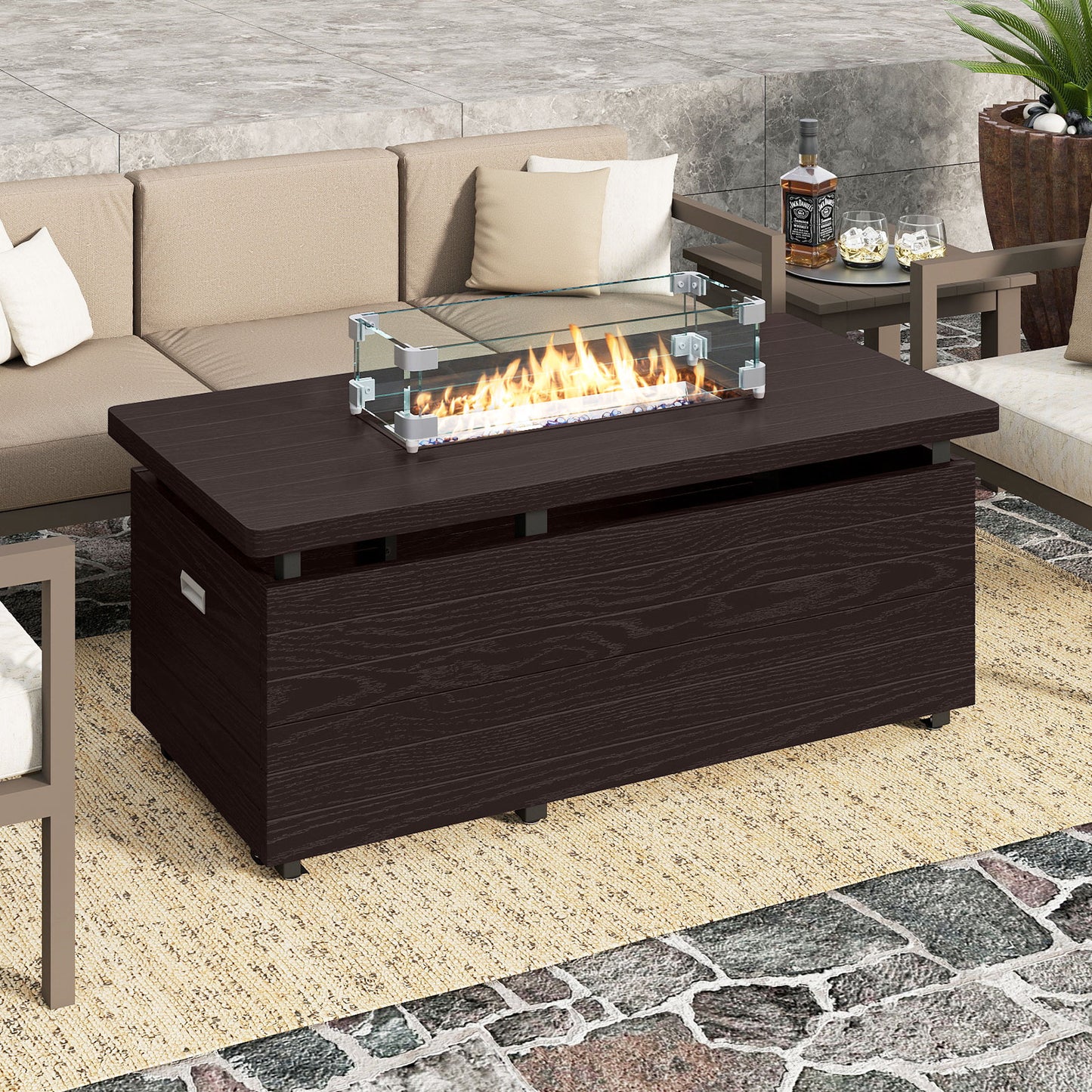 51 Inch Propane Fire Pit Table with Removable Lid, Brown Fire Pit Tables at Gallery Canada
