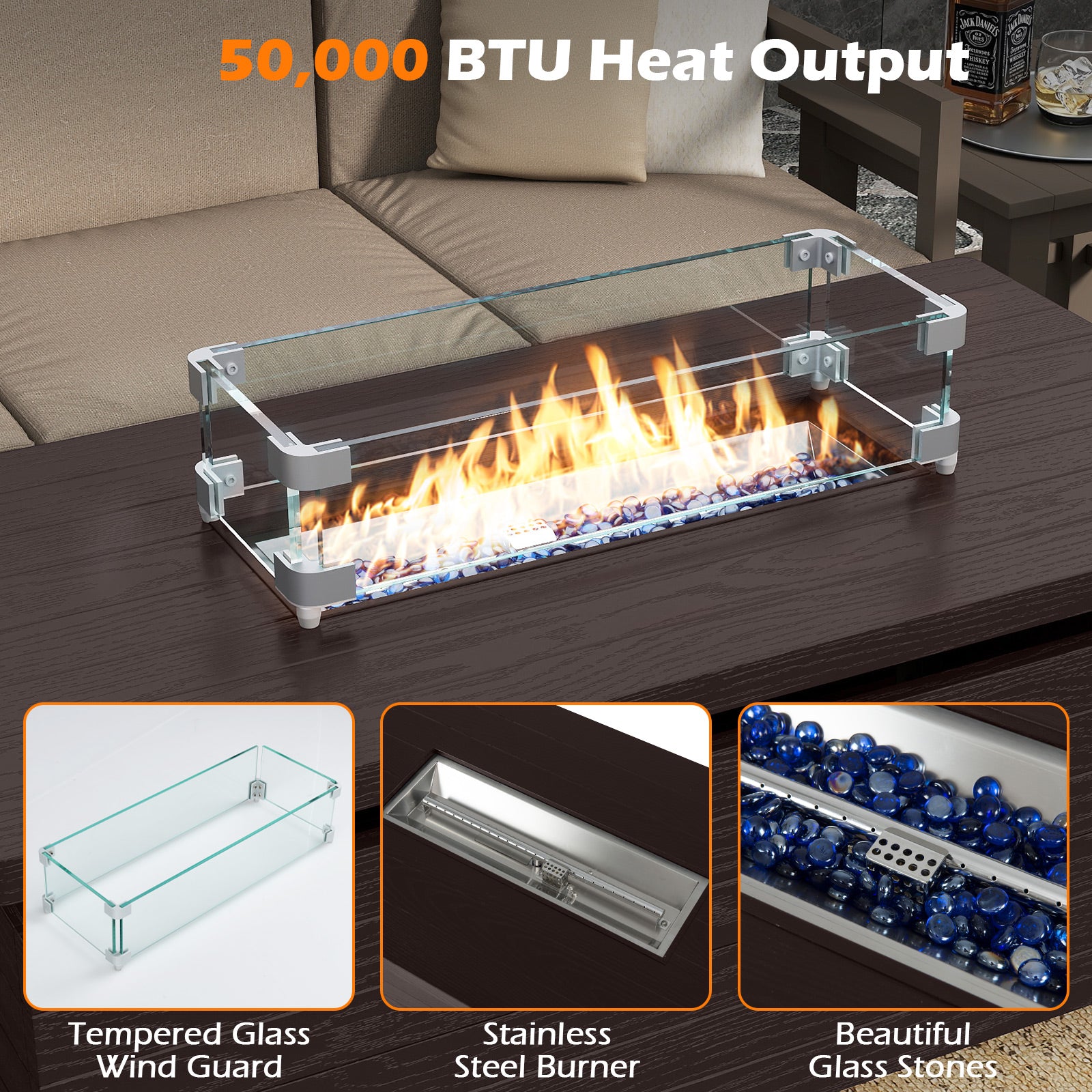 51 Inch Propane Fire Pit Table with Removable Lid, Brown Fire Pit Tables at Gallery Canada