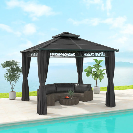 9' x 10' Hardtop Gazebo With Steel Frame, Nettings, Curtains, Black Gazebos Black Roof, Dark Grey Frame, Black Curtains at Gallery Canada