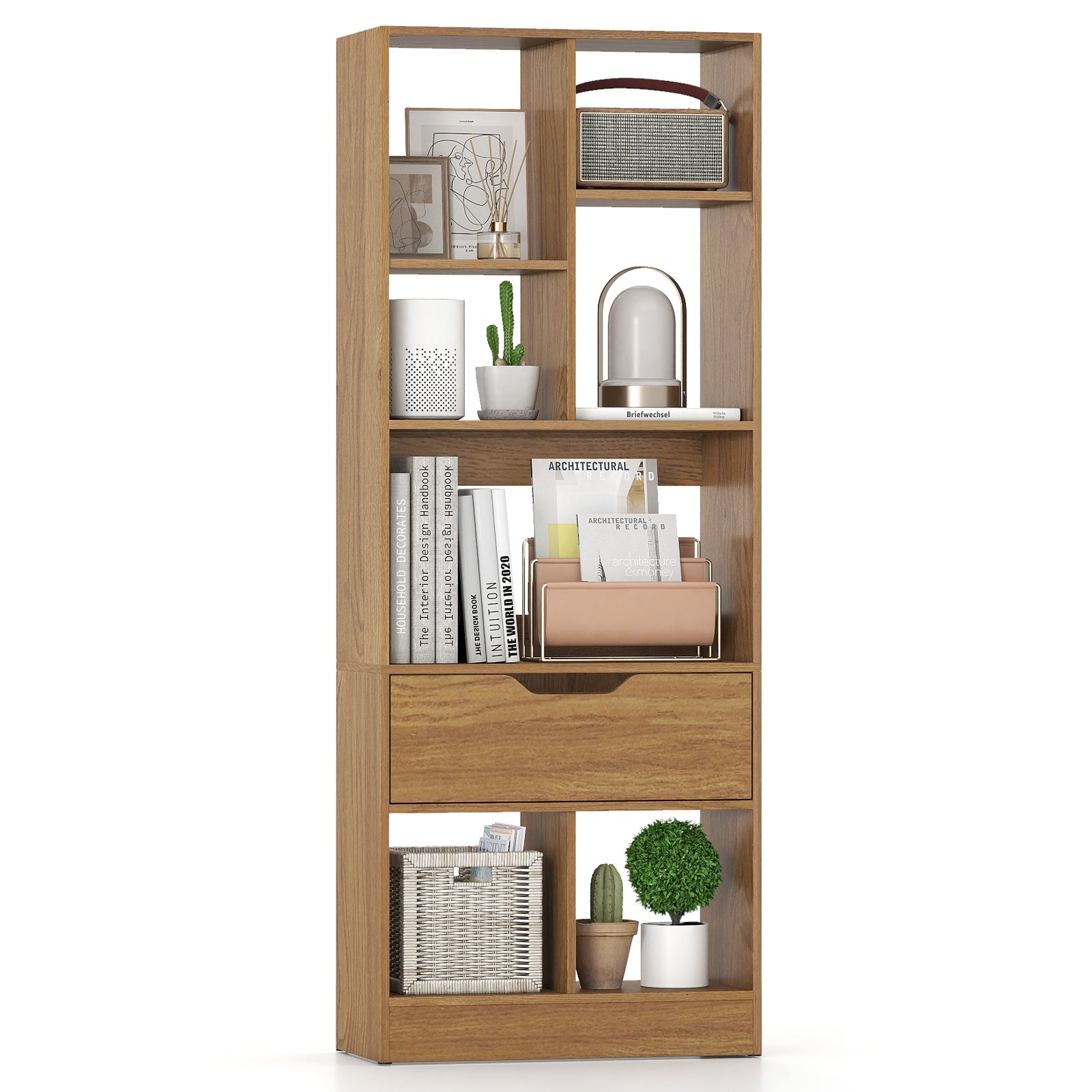 51inch Tall Freestanding Bookcase with Drawer 7-Cube Storage Organizer, Natural Bookcases at Gallery Canada