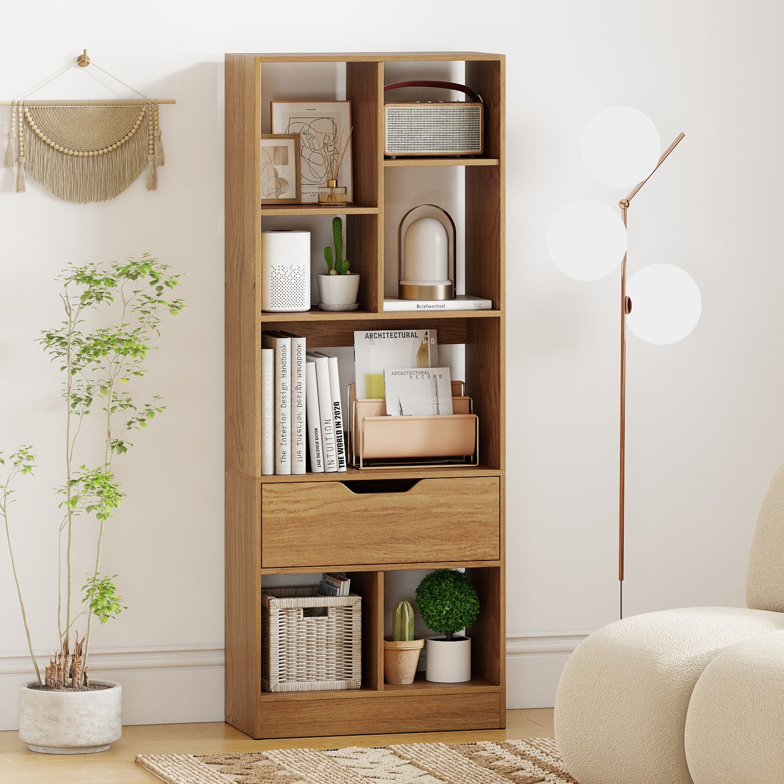 51inch Tall Freestanding Bookcase with Drawer 7-Cube Storage Organizer, Natural Bookcases at Gallery Canada