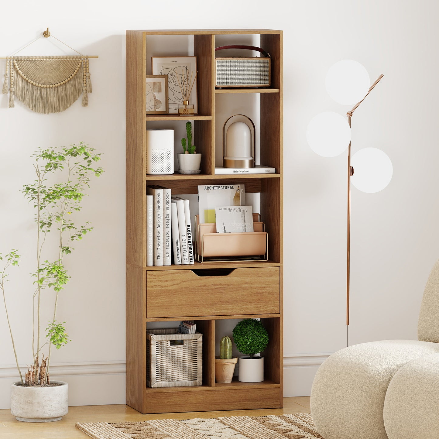 51inch Tall Freestanding Bookcase with Drawer 7-Cube Storage Organizer, Natural Bookcases at Gallery Canada