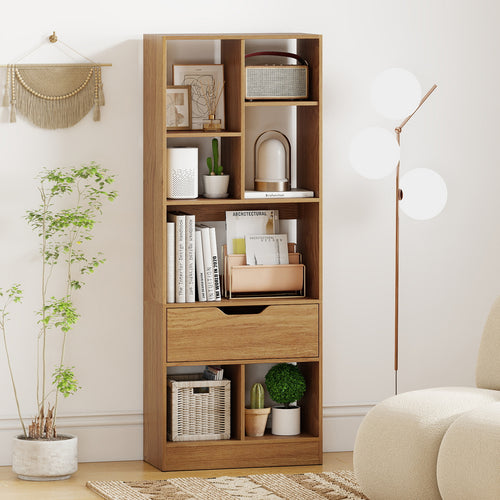 51inch Tall Freestanding Bookcase with Drawer 7-Cube Storage Organizer, Natural
