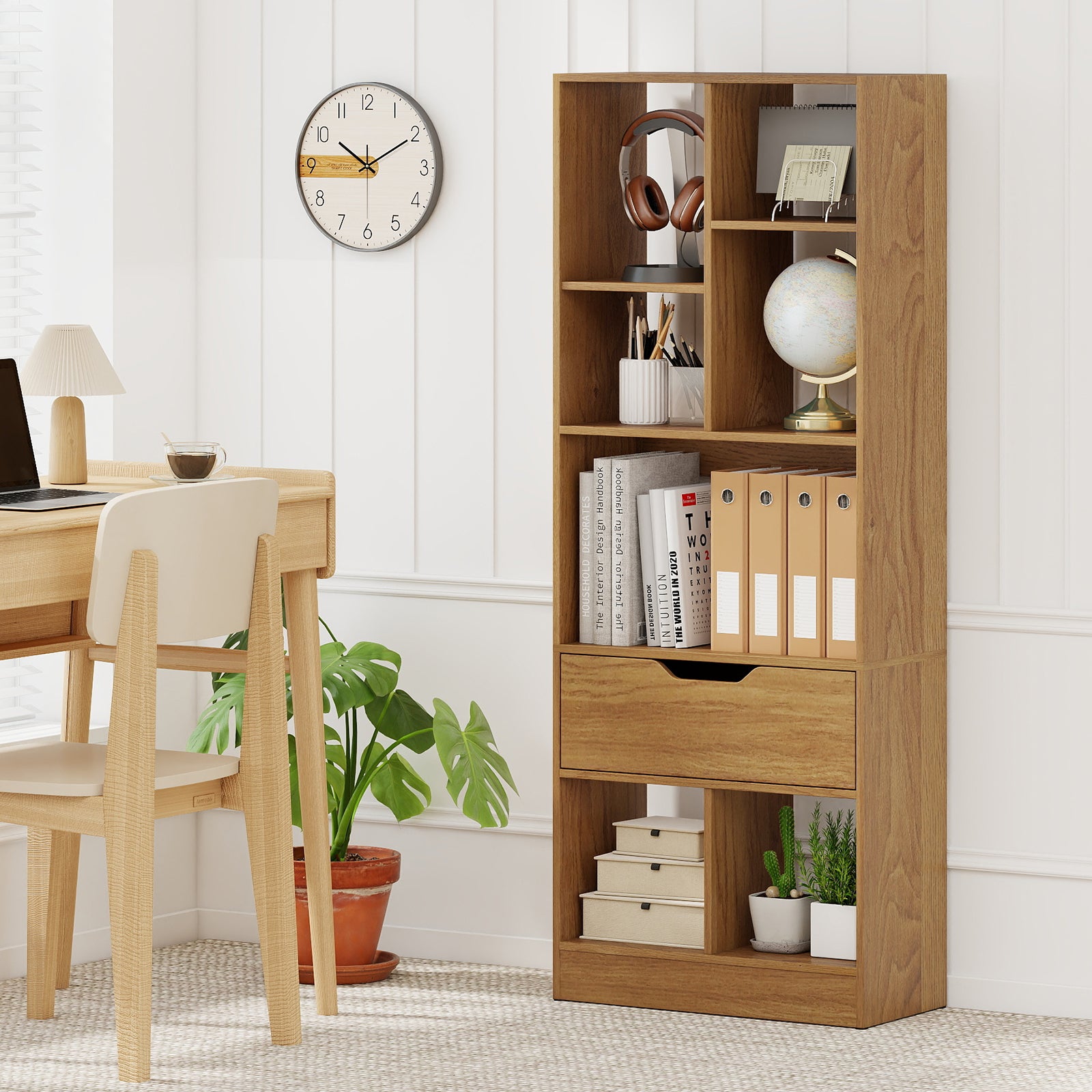 51inch Tall Freestanding Bookcase with Drawer 7-Cube Storage Organizer, Natural Bookcases at Gallery Canada