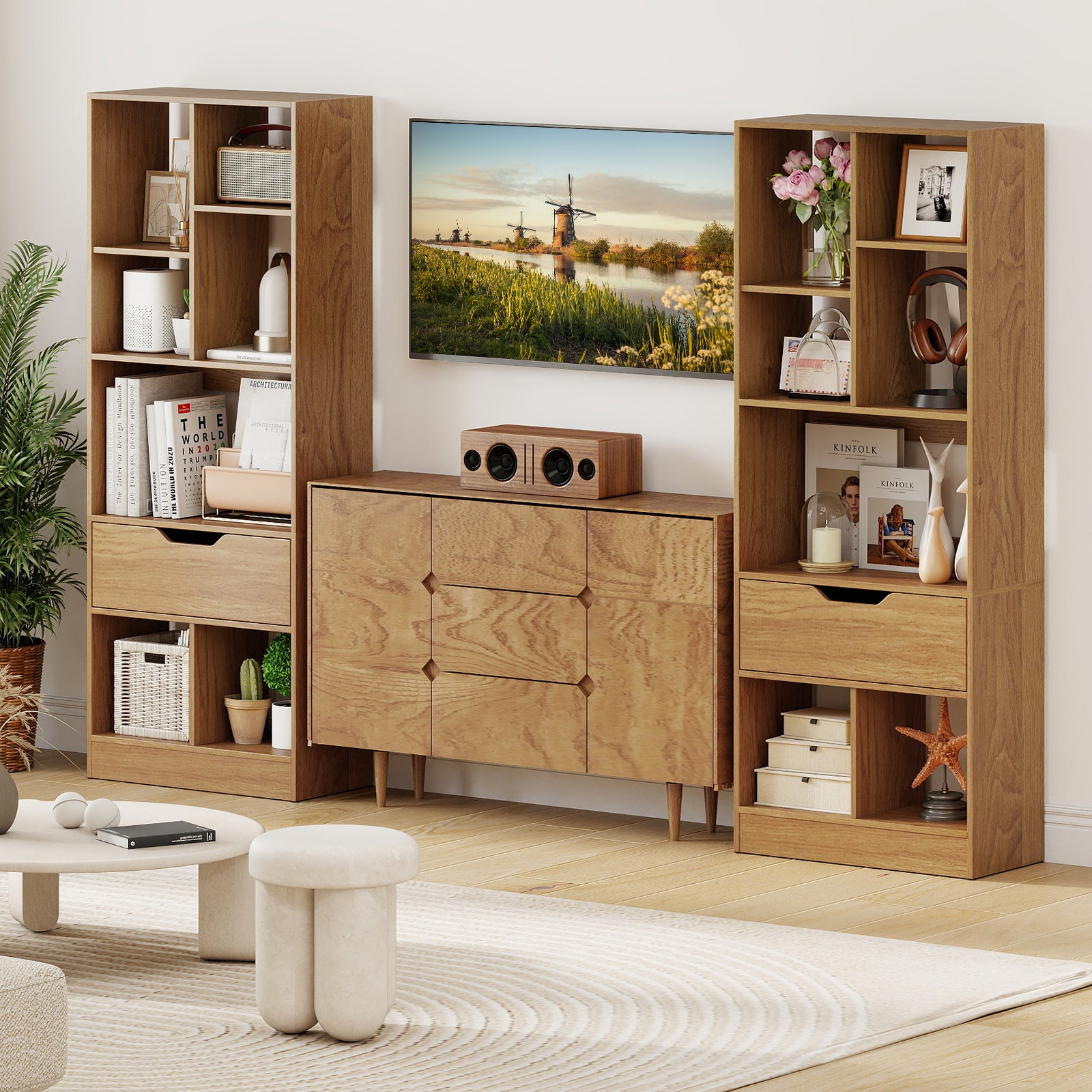 51inch Tall Freestanding Bookcase with Drawer 7-Cube Storage Organizer, Natural Bookcases at Gallery Canada