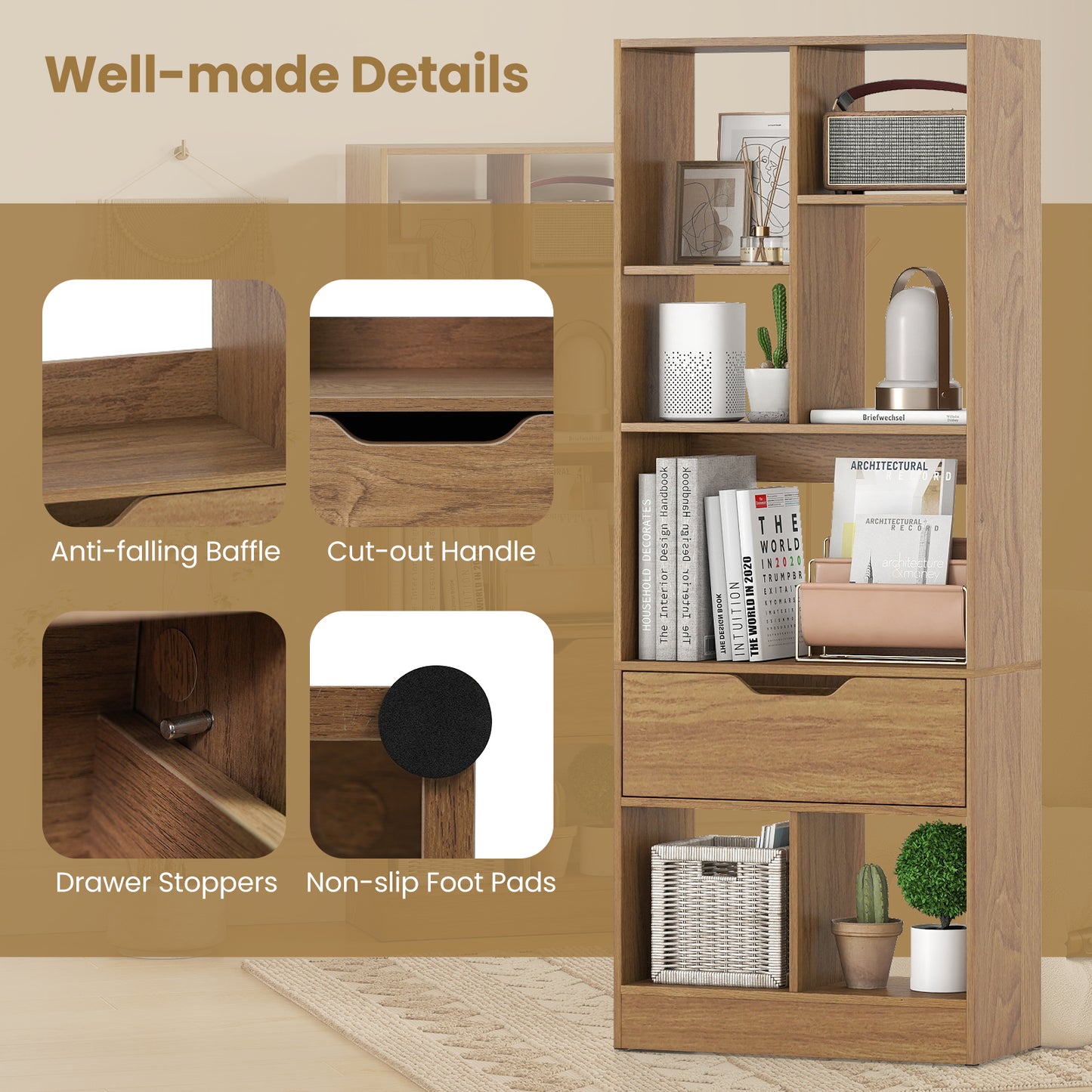 51inch Tall Freestanding Bookcase with Drawer 7-Cube Storage Organizer, Natural Bookcases at Gallery Canada