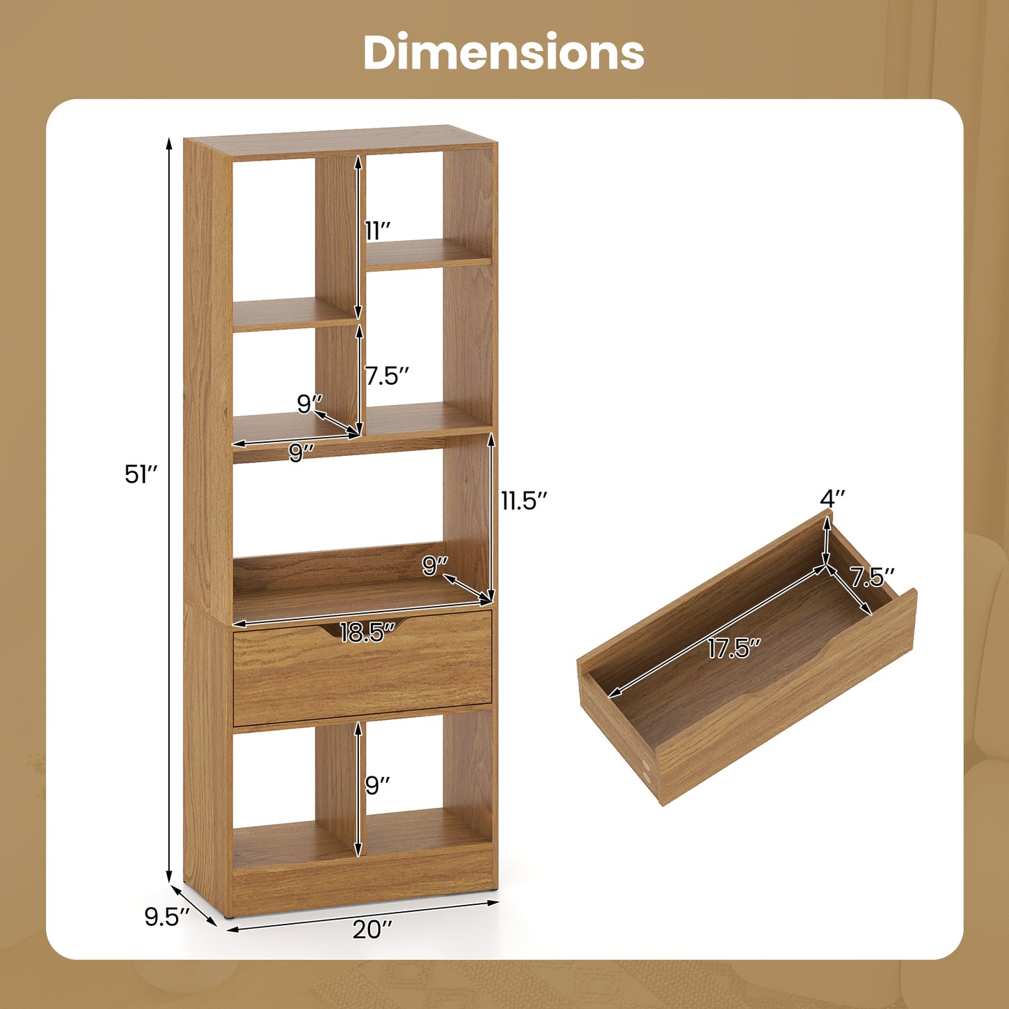 51inch Tall Freestanding Bookcase with Drawer 7-Cube Storage Organizer, Natural Bookcases at Gallery Canada