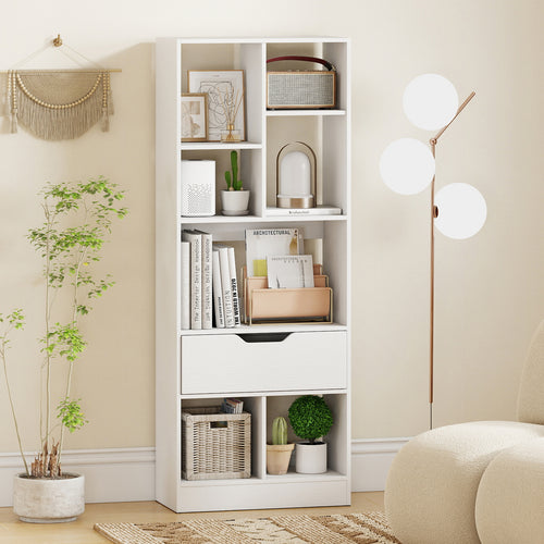 51inch Tall Freestanding Bookcase with Drawer 7-Cube Storage Organizer, White