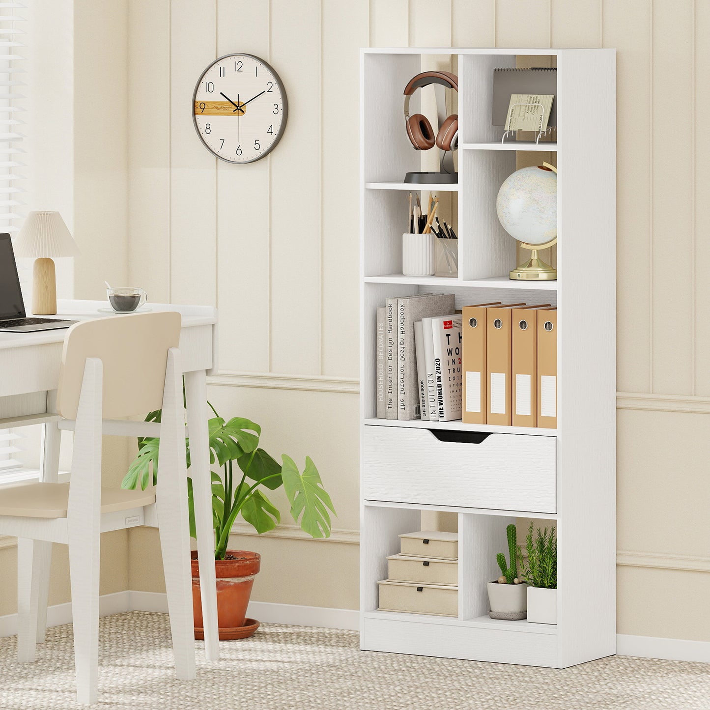 51inch Tall Freestanding Bookcase with Drawer 7-Cube Storage Organizer, White Bookcases at Gallery Canada