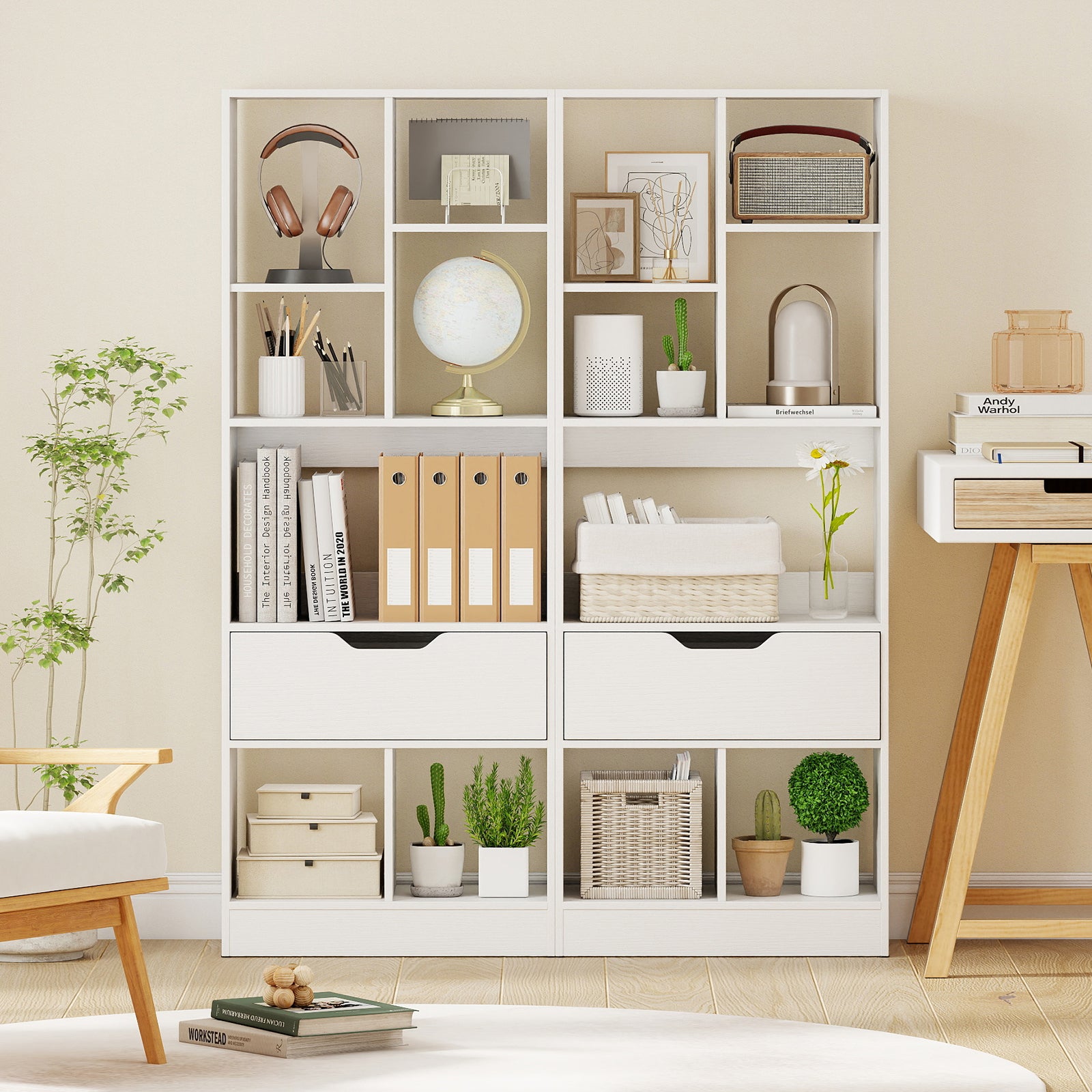 51inch Tall Freestanding Bookcase with Drawer 7-Cube Storage Organizer, White Bookcases at Gallery Canada