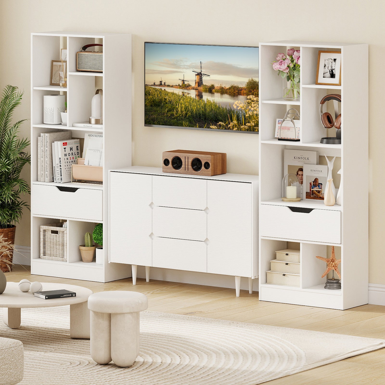 51inch Tall Freestanding Bookcase with Drawer 7-Cube Storage Organizer, White Bookcases at Gallery Canada