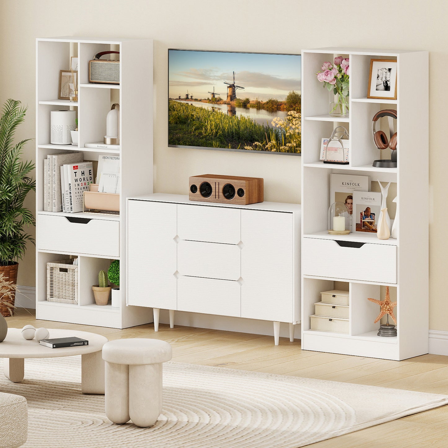 51inch Tall Freestanding Bookcase with Drawer 7-Cube Storage Organizer, White Bookcases at Gallery Canada