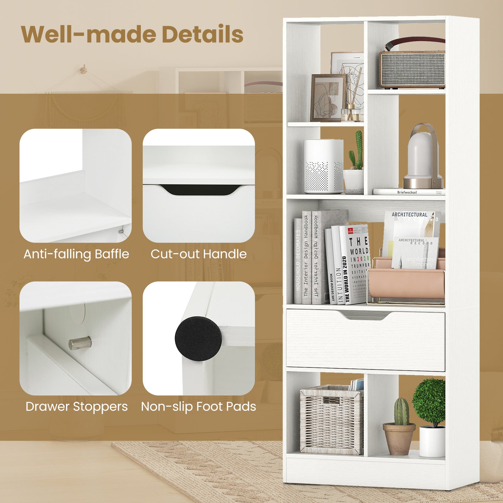51inch Tall Freestanding Bookcase with Drawer 7-Cube Storage Organizer, White Bookcases at Gallery Canada