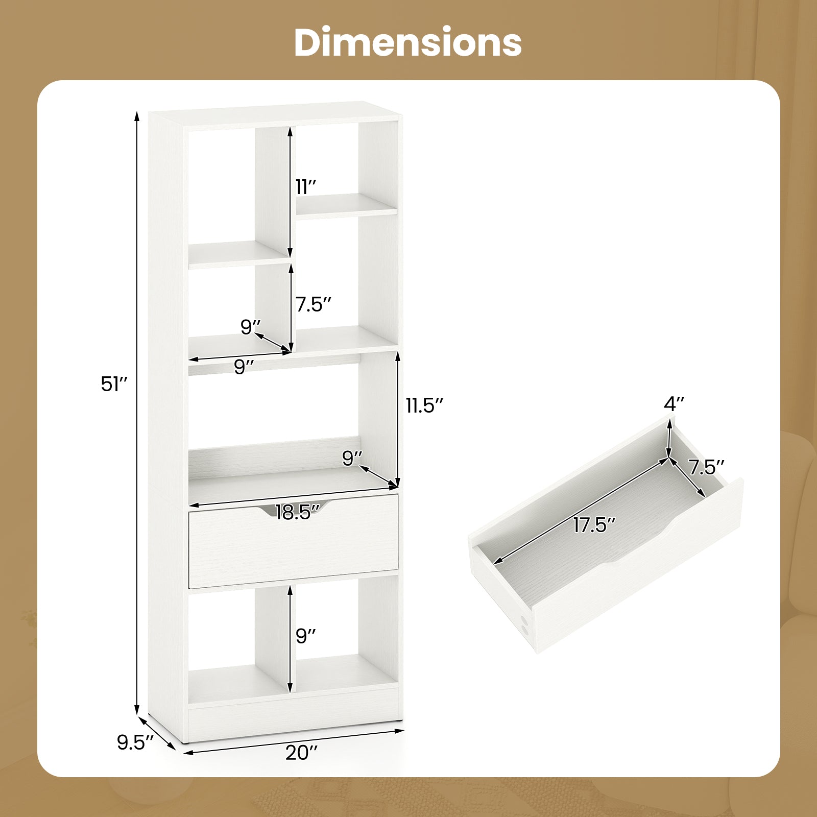 51inch Tall Freestanding Bookcase with Drawer 7-Cube Storage Organizer, White Bookcases at Gallery Canada
