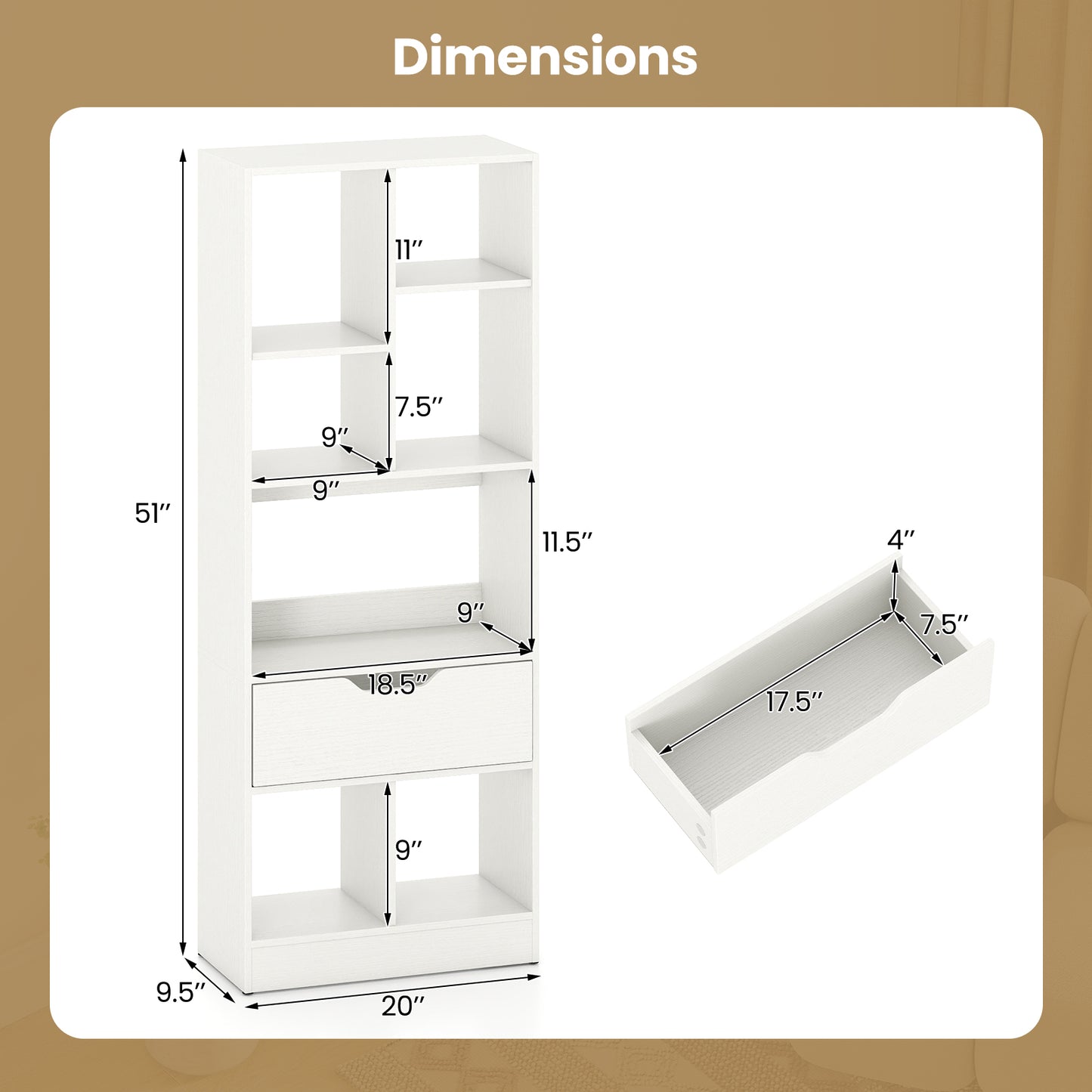 51inch Tall Freestanding Bookcase with Drawer 7-Cube Storage Organizer, White Bookcases at Gallery Canada