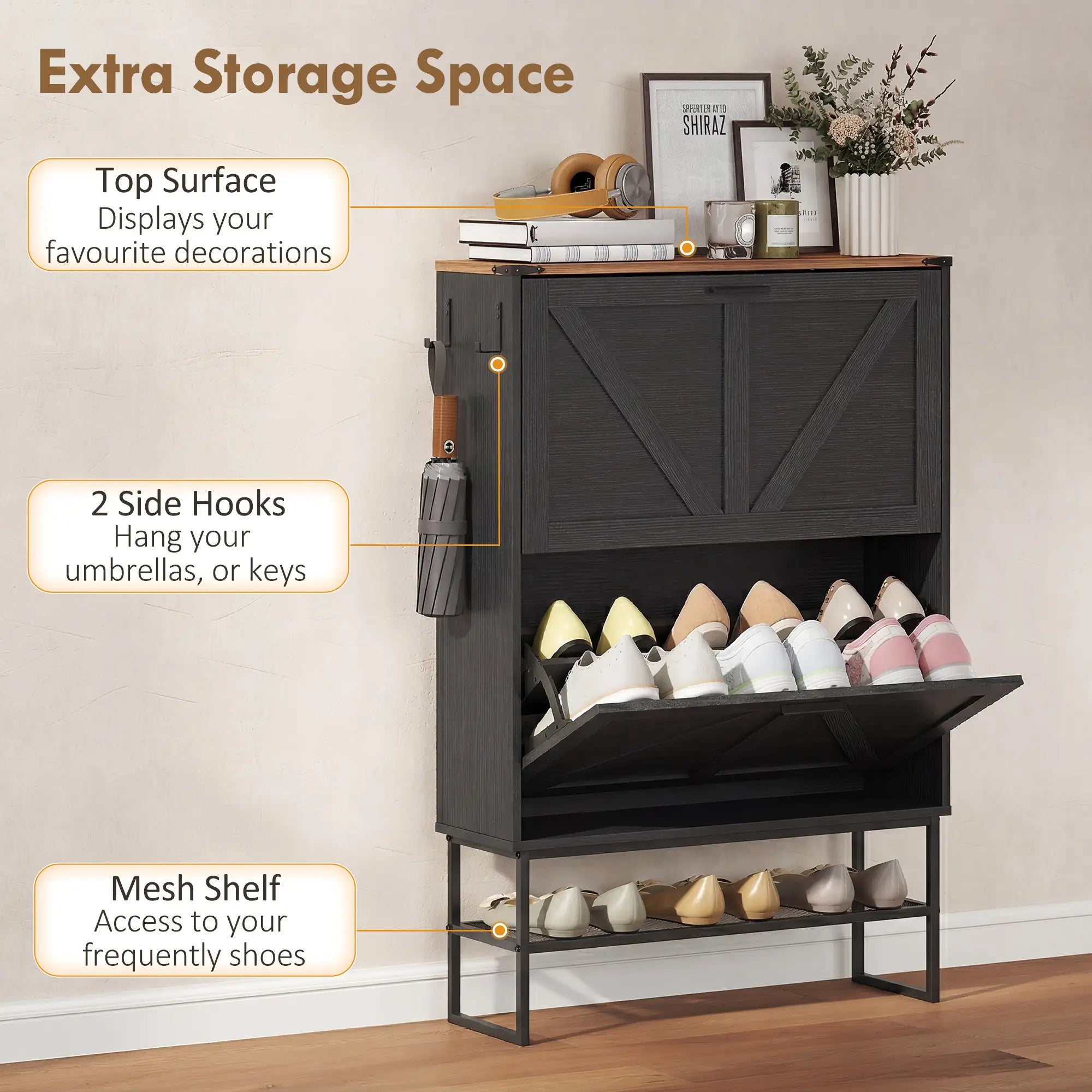 Narrow Shoe Storage Cabinet with 2 Flip Drawers, Black Shoe Storage Cabinets & Racks at Gallery Canada