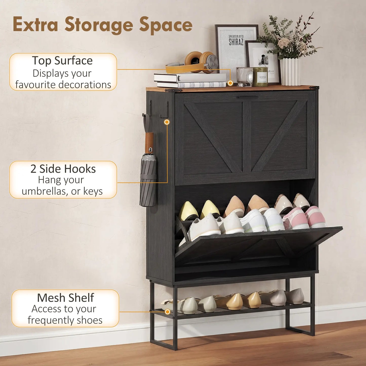 Narrow Shoe Storage Cabinet with 2 Flip Drawers, Black Shoe Storage Cabinets & Racks at Gallery Canada