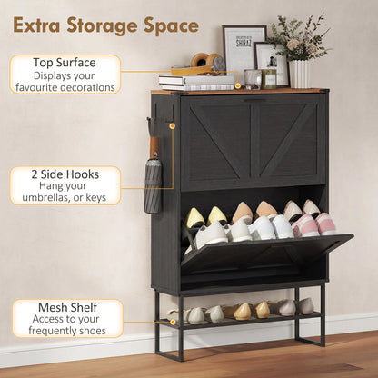 Narrow Shoe Storage Cabinet with 2 Flip Drawers, Black Shoe Storage Cabinets & Racks at Gallery Canada