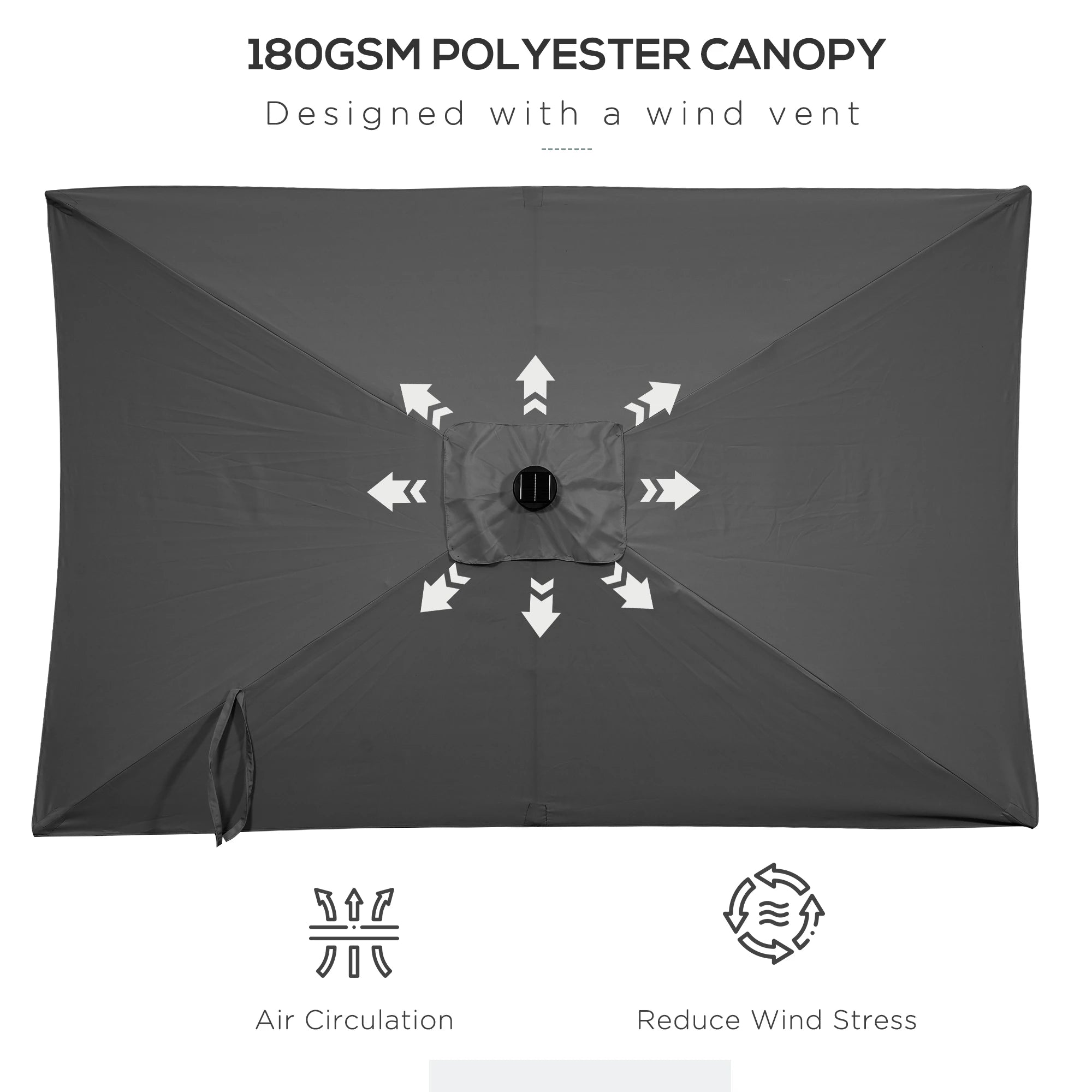 6' x 10' Rectangular Patio Umbrella, 22 LED Solar Lights, Tilt, Crank, Dark Grey Sun Umbrellas at Gallery Canada