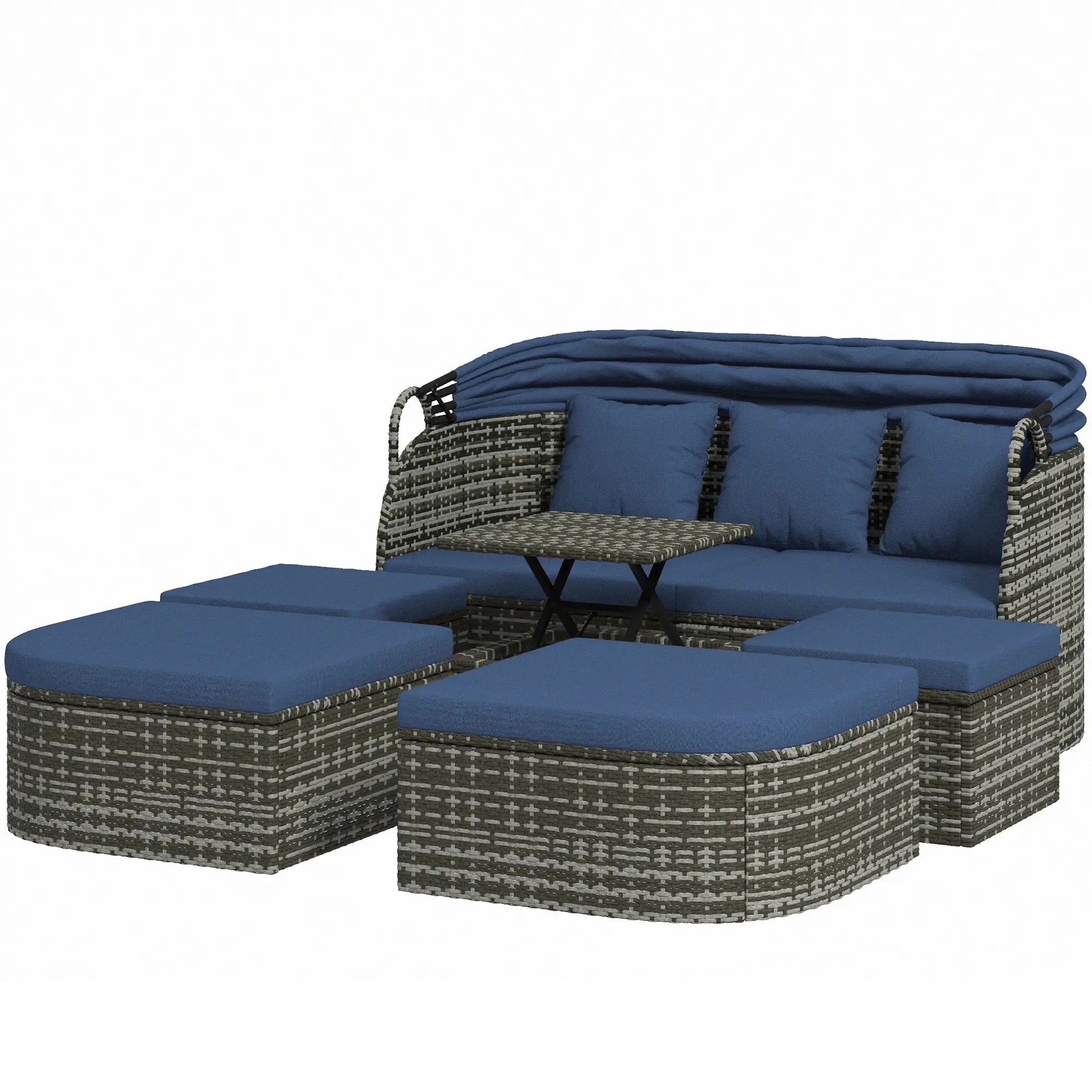 6-Piece Patio Set, PE Rattan Outdoor Daybed, Canopy, Lift Up Table Patio Furniture Sets Navy Blue at Gallery Canada