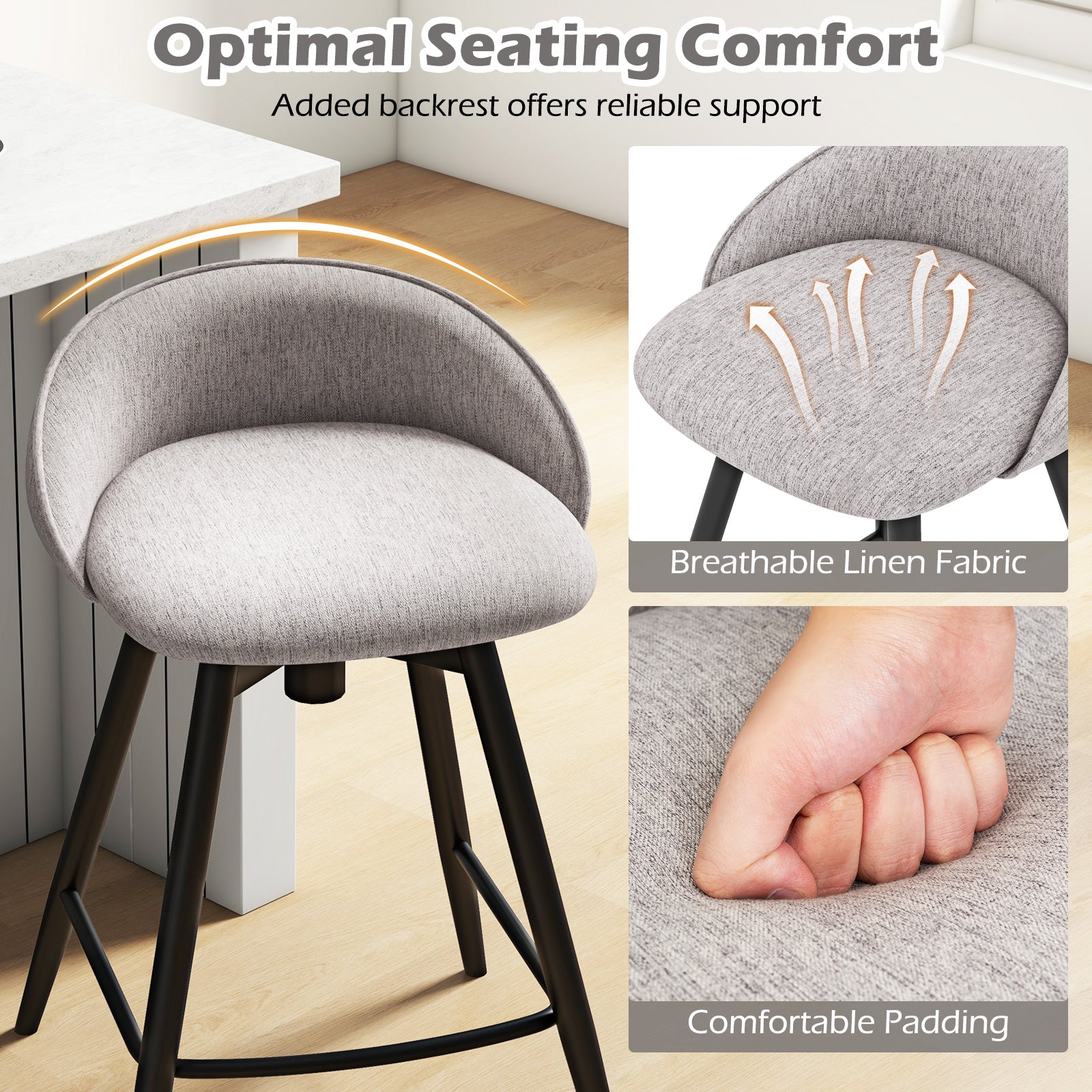 Upholstered Bar Stools Set of 2 with Footrest and Backrest, Gray Bar Stools at Gallery Canada