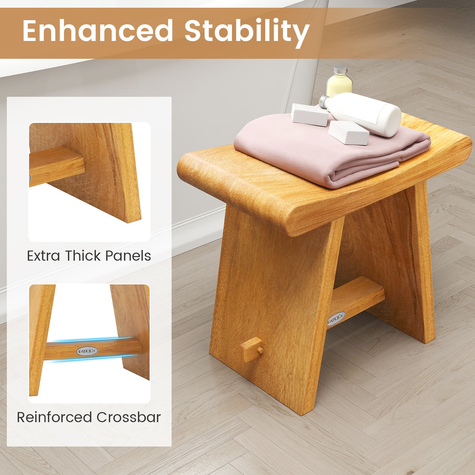 19.5 Inch Teak Shower Bench with Curved Seat for Shaving Legs, Natural Bath Safety at Gallery Canada